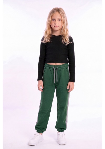 Fyk Kids Kız Çocuk Fitilli Crop Ve Şerit Detaylı Eşofman Takımı Seti Haki