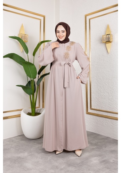 Nevayla Moda Sol Tarafı İnci Detaylı Ferace - Bej / F0140 Bej