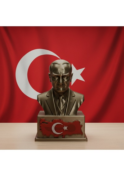Atatürk Masaüstü Biblo Figür - Türkiye Haritası Kabartmalı Kaideli - Hediyelik Dekoratif Büst 10 X 6,2 Cm