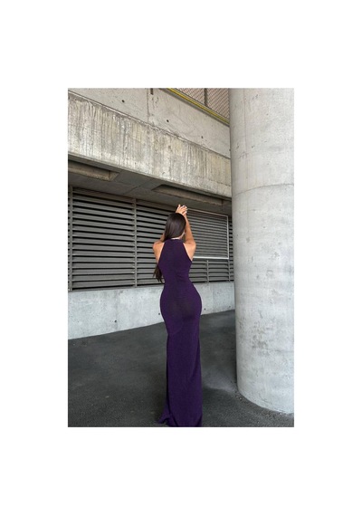 DefyModa Kadın Bisiklet Yaka Yırtmaçlı Balık Kesim Abiye Elbise Mor