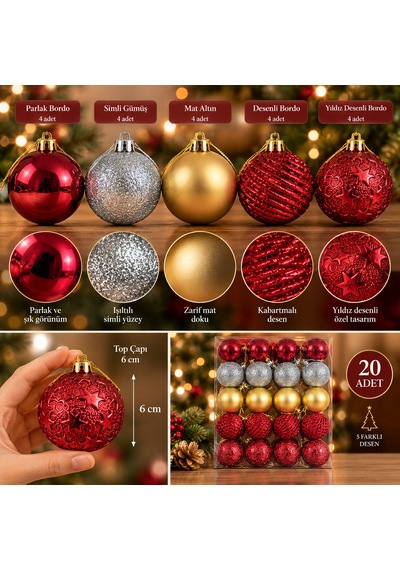 Bakgelal Premium 20 Adet Yılbaşı Ağacı Süs Topu Seti 6 Cm Karma Desenli Ve Renkli Çam Ağacı Süsü Kırmızı, Gold, Gümüş - 9016739373309 Diğer