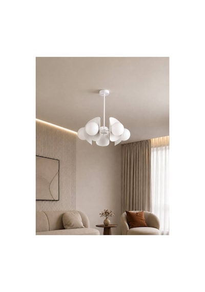 Noven 5'li Beyaz Metal Beyaz Cam Küre Avize Modern Salon Sarkıt Aydınlatma Yemek Masası Aydınlatma E27 Duy Uyumlu