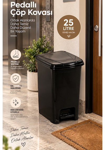 Porsima 0131-1 Slim Pedallı Çöp Kovası 25 Lt Siyah Taşıma Kulplu, Mutfak Ve Banyo İçin İnce Çöp Kovası