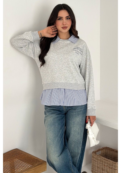 Noa & Noa Kadın Gömlek Detaylı Baskılı Sweatshirt Serene Layer Gri
