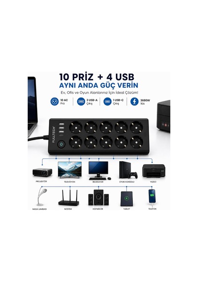 Çoklu Priz 10'lu Grup Priz Usb'li 3x Usb-a, 1x Usb-c , 3680w 16a, 2 Metre Kablo, Topraklı Uzatma Kablosu, Ev Ofis Gam 0