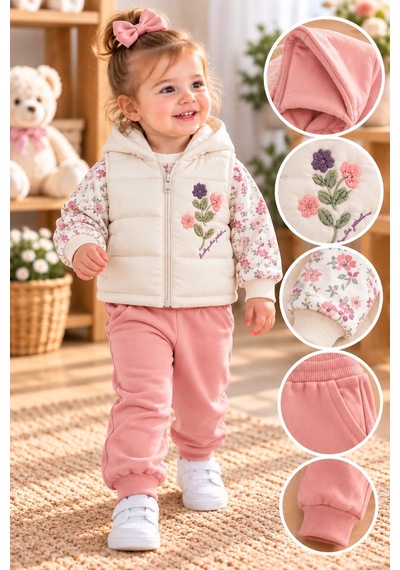 Baby Hi Süzine Çiçekli Şişme Yelekli Kız Üçlü Takım 9-18 Aylık -dü672342 - Somon