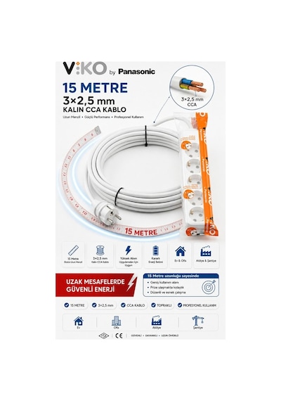 Viko Grup Priz 5'li, 15 Metre Uzatma Kablosu, 3x2.5 Kalın Cca Kablo - Premium Kalite, Çocuk Korumalı, Terminal Ve Klemens Bağlantılı 15 M