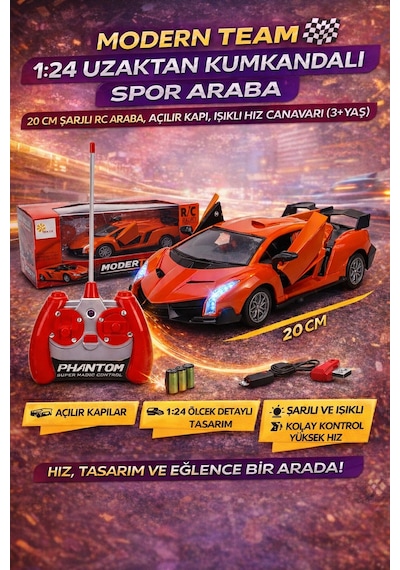 Şarjlı Uzaktan Kumandalı 20 Cm Spor Araba Modern Team Rc Yarış Arabası Açılır Kapı Turuncu