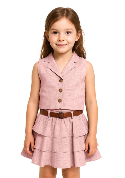 Merdia Kids Kız Çocuk Keten Yelekli Ve Etekli 2li Takım Kemer Aksesuarlı Pembe
