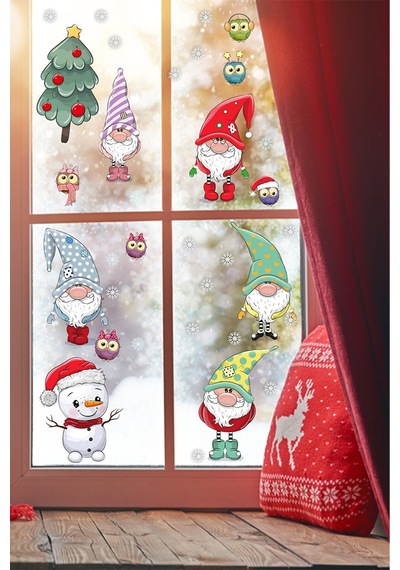 Yılbaşı Sticker Noel Cüceler Baykuş Kardan Adam Ve Kartaneleri Pencere Sticker