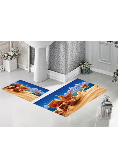 Banyo Paspası Banyo Halısı Dijital Baskılı Kaymaz Yıkanabilir 2'li Modern 100x60 Cm Ve 60 40 Mavi-turuncu