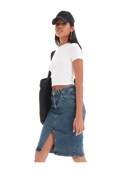 Itsbasic Kadın Tint Kot Rengi Erica Midi Boy Yüksek Bel Yırtmaçlı Jean Etek