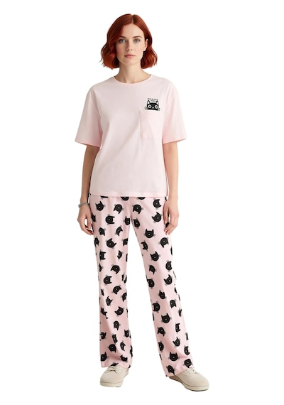 Ersefa Kadın Kedi Baskılı Pamuklu Pijama Takımı Fonksiyonel Dayanıklı Ka Pembe