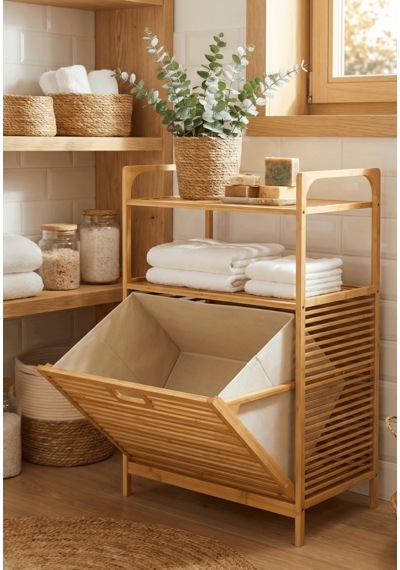 Bambu Kirli Sepetli 2 Raflı Çok Amaçlı Banyo Düzenleyici Çamaşır Sepeti Organizer 64 40 95cm Bej