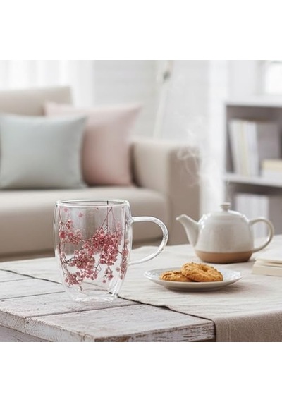 350ml Çift Cidarlı Çiçekli Kupa Isıya Dayanıklı Çift Katmanlı Cam Çay & Kahve Kupası Şık Ve Ergonomik Tasarım Açık Ahşap