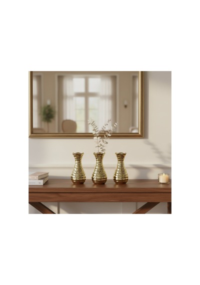1 Adet Dalgalı Gövde Vazo Biblo Orta Boy Seramik Dekoratif Obje, Parlak Altın Gold Kaplama, Ev Ofis Dekoru Decorative Vase