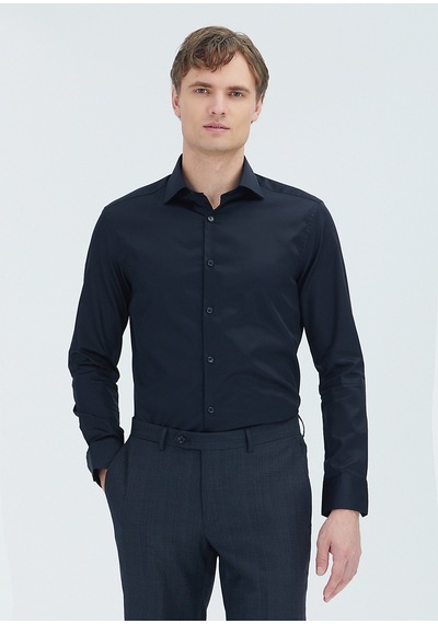 Ramsey Siyah Düz Slim Fit Uzun Dokuma Klasik %100 Pamuk Gömlek
