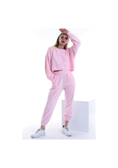 Dreamlike Kadife Yuvarlak Yaka Uzun Kollu Sweatshirt Cepli Bel Lastikli Pantolon Takım Pembe