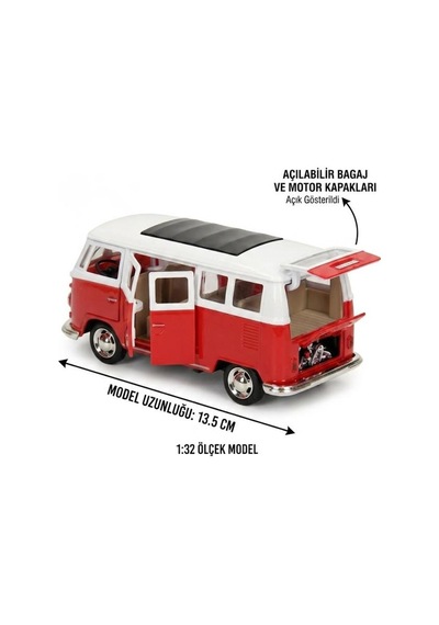 Hobbiez Lisanslı Volkswagen T1 Kapıları Açılabilir Model Diecast 1/32 Ölçek Metal Standlı Araç Kırmızı