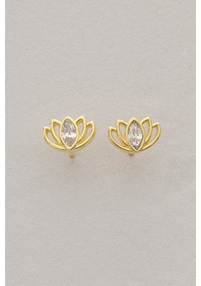 Gümüş Altın Yaldızlı Markiz Kesim Zirkon Taşlı Lotus Küpe Barcode Altın