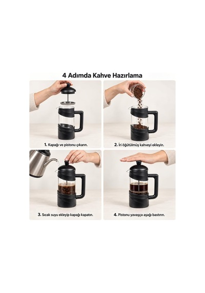 Borosilikat Cam French Press 350 Ml, Siyah Kulplu Piston Filtreli Kahve Ve Bitki Çayı Demleme Aparatı, Manuel Kahve D Diğer