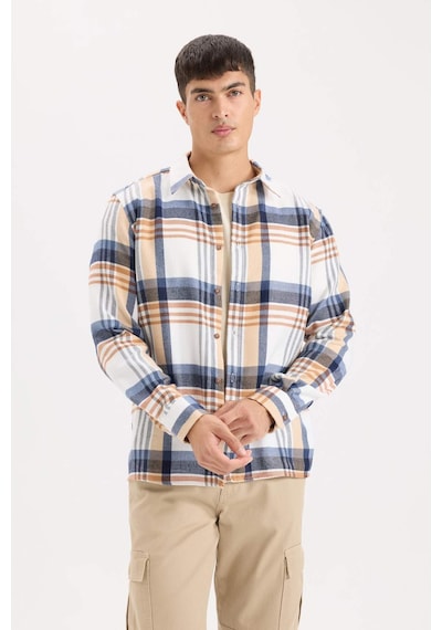 DeFacto Regular Fit Polo Yaka Kareli Flanel Uzun Kollu Gömlek D5835AX24AUER140