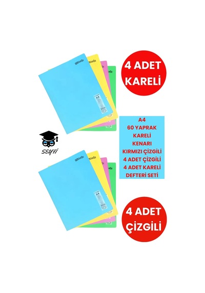 8 Adet A4 60 Yaprak Kareli Defter 4 Adet Çizgili 4 Adet Kareli Plastik Kapak Defter Telsiz Çok Renkli
