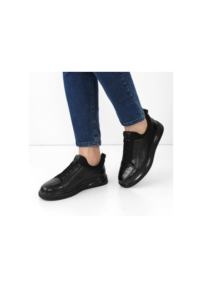Erkek Siyah Kalın Tabanlı Kroko Deri Sneaker