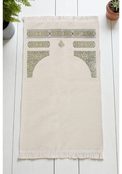 Kabe Desenli Örgü Püsküllü Şönil Seccade Krem Krem