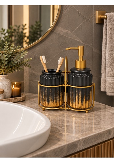 3 Parça Liva Banyo Seti - Siyah Gold-7606 Çok renkli