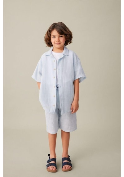 Defacto Erkek Çocuk Oversize Geniş Kalıp Polo Yaka Müslin Kısa Kollu Gömlek W3239a625hsbe174 Mavi