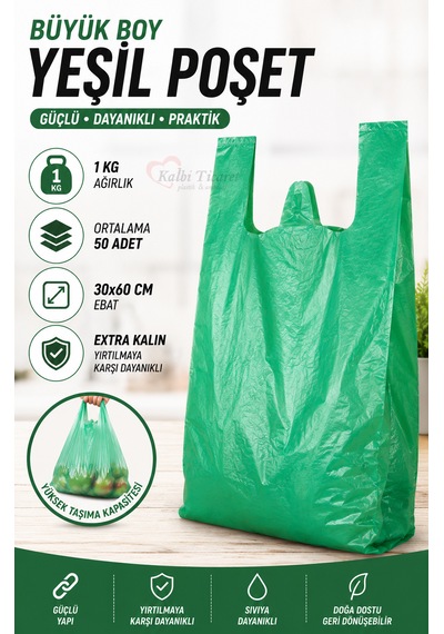 Kalın Yeşil Poşet Büyük Boy 1 Kg Hışır Atlet Poşet Market Manav Poşeti 30x60 Cm Çöp Poşeti