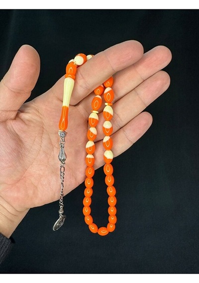 Turuncu Bilardo Topu Benzetme Toz Kehribar Tesbih Beyzi Kesim 12x8mm T-698