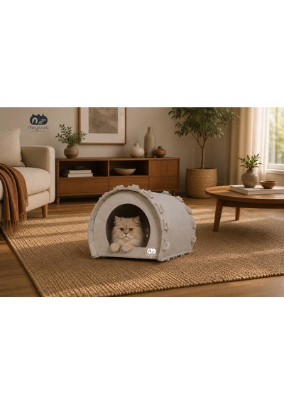 Keçe Kedi Evi Demonte, Yıkanabilir, Taşınabilir Kedi Kulübesi Şirin Bej