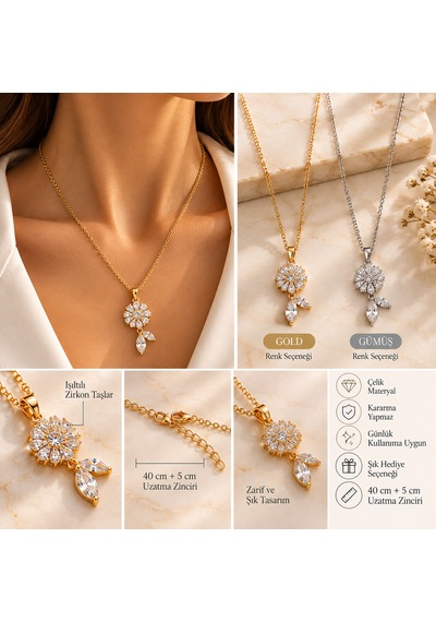 Çiçek Figürlü Zirkon Taşlı Çelik Kolye Gold & Gümüş Renk Altın