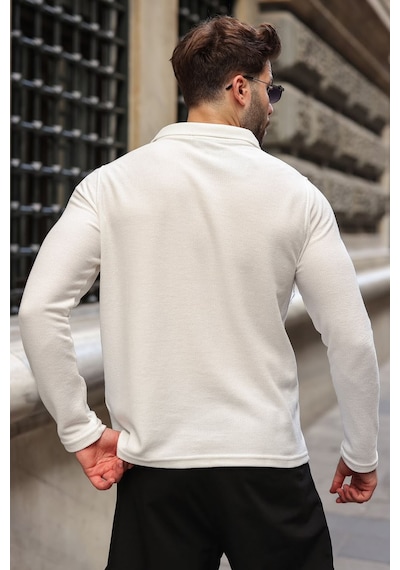 Madmext Ekru Gömlek Yaka Dokulu Regular Fit Erkek Sweatshirt E7203 Bej