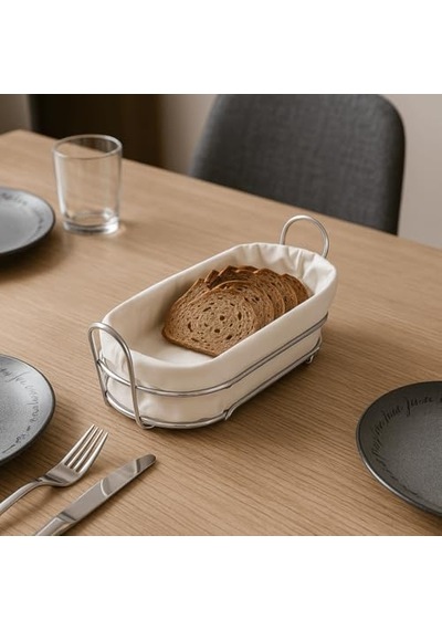 Tel Ekmek Sepeti İç Bezli Çıkarılabilir Ve Yıkanabilir Bezli Ekmeklik Cırtlı Bez Tasarım Masa Ve Mutfak İçin Şık Ekmek Sepeti 35x15x9 Cm Krem