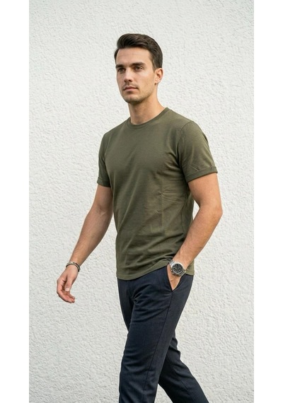 Plus Scorpion T02 Kol Katlama Erkek Slim Fit Basic Tişört Bisiklet Yaka, Düz Kumaş, Yazlık Model Haki