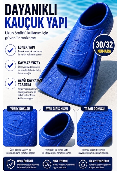 Mavi 30-32 Numara Yüzme Paleti Kauçuk Kısa Palet Havuz Deniz Antrenman Erkek Unisex Ayak