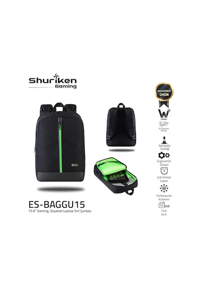 Shuriken Es-baggu15 15.6" Gaming ,seyahat Laptop Sırt Çantası Siyah