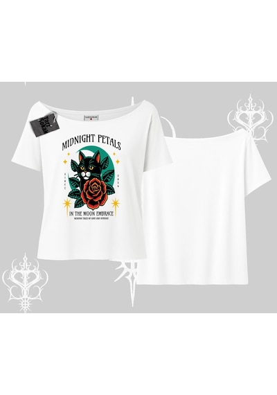 Tarzsokak Midnight Petals Kedi Baskılı Kayık Yaka Tshirt Beyaz