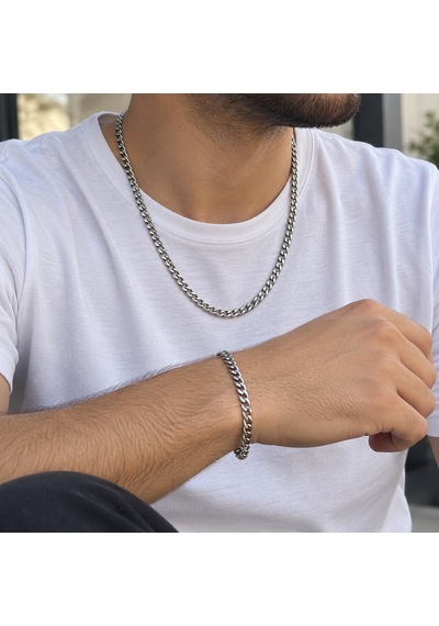 Erkek Gümüş Renk Gurmet Zincir Kolye Ve Bileklik Seti 50 Cm - 316l Paslanmaz Çelik Renkli