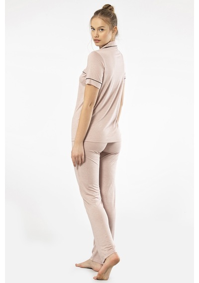 Türen 3368 Kadın Kısa Kollu Gömlek Yaka Pijama Takım-pudra Pudra