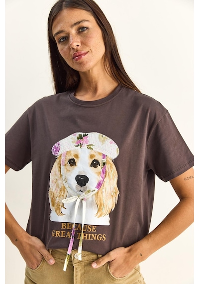 Shade Kadın Baskı Ve Payet Detaylı Fiyonklu Basic T-shirt 7643 60286115 - Kahverengi