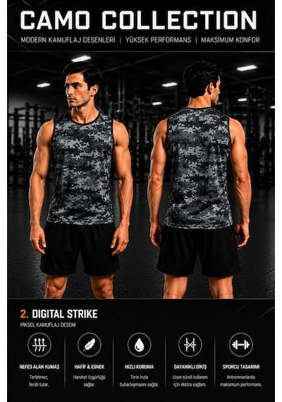 Beydex Erkek Nem Emici Hızlı Kuruma Camo Collection Sporcu Sıfır Kol T-shirt Gym Gri