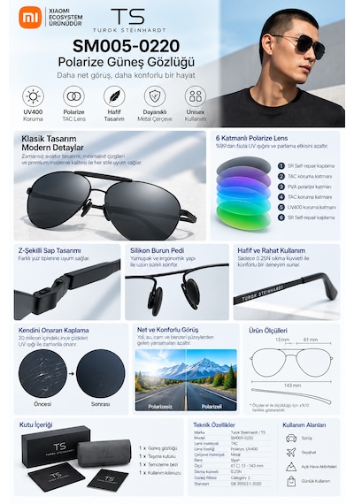 Xiaomi Ts Polarize Güneş Gözlüğü Tac Lens Pilot Aviator Style Uv400 Metal Çerçeve Siyah Unisex Sm005-0220