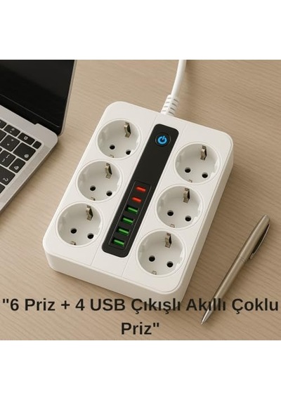 6 Priz + 4 Usb Çıkışlı Akıllı Çoklu Priz - Aç/kapa Anahtarlı, Hızlı Şarj Destekli, 3680 Watt, Ev & Ofis Kullanımı