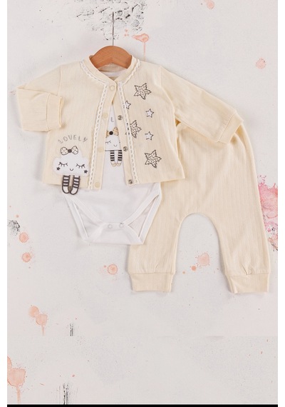 Babydonat Lovely Yıldız Desenli 3'lü Hırkalı Kız Bebek Takım Krem