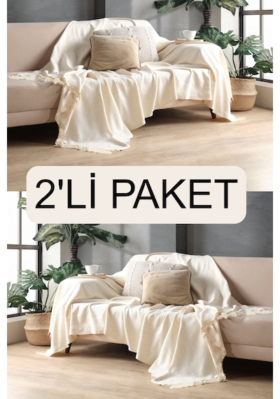 Miracolo Home Ekru Pamuklu Dekoratif Koltuk Örtüsü Set 170x230 Boyutlu Optimal Kaymaz Tasarım 2 Adet