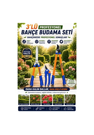 3'lü Profesyonel Bahçe Budama Seti Çit Makası El Budama Makası Uzun Saplı Dal Budama Makası Ergonomi